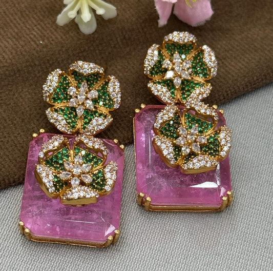 Gold-Plated Floral Crystal Earrings with Pink Stone