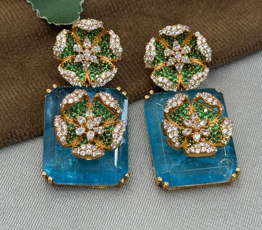Gold-Plated Floral Crystal Earrings with Aqua stone