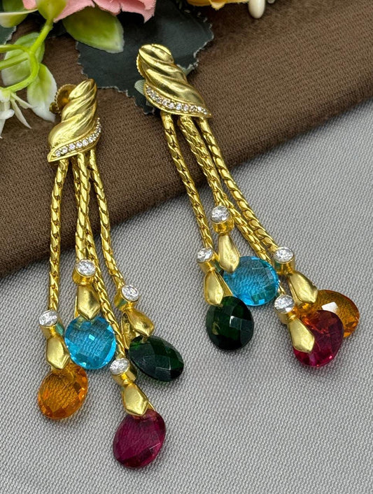 Designer Gold Chain Earrings with Colorful CZ Stone