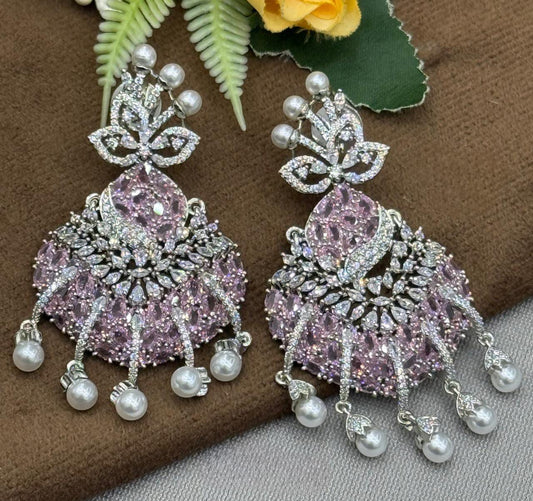 Elegant Pink Crystal & Pearl Chandelier Earrings