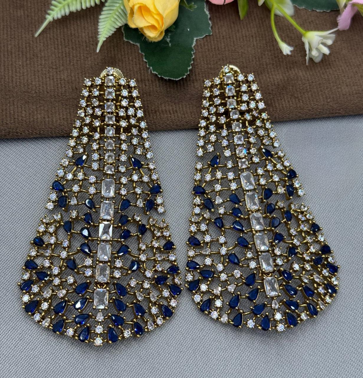 Elegant Blue Teardrop and CZ Long Statement Earrings