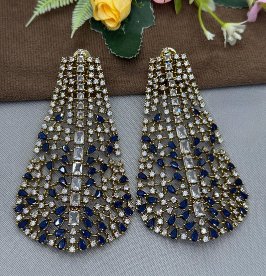 Elegant Blue Teardrop and CZ Long Statement Earrings