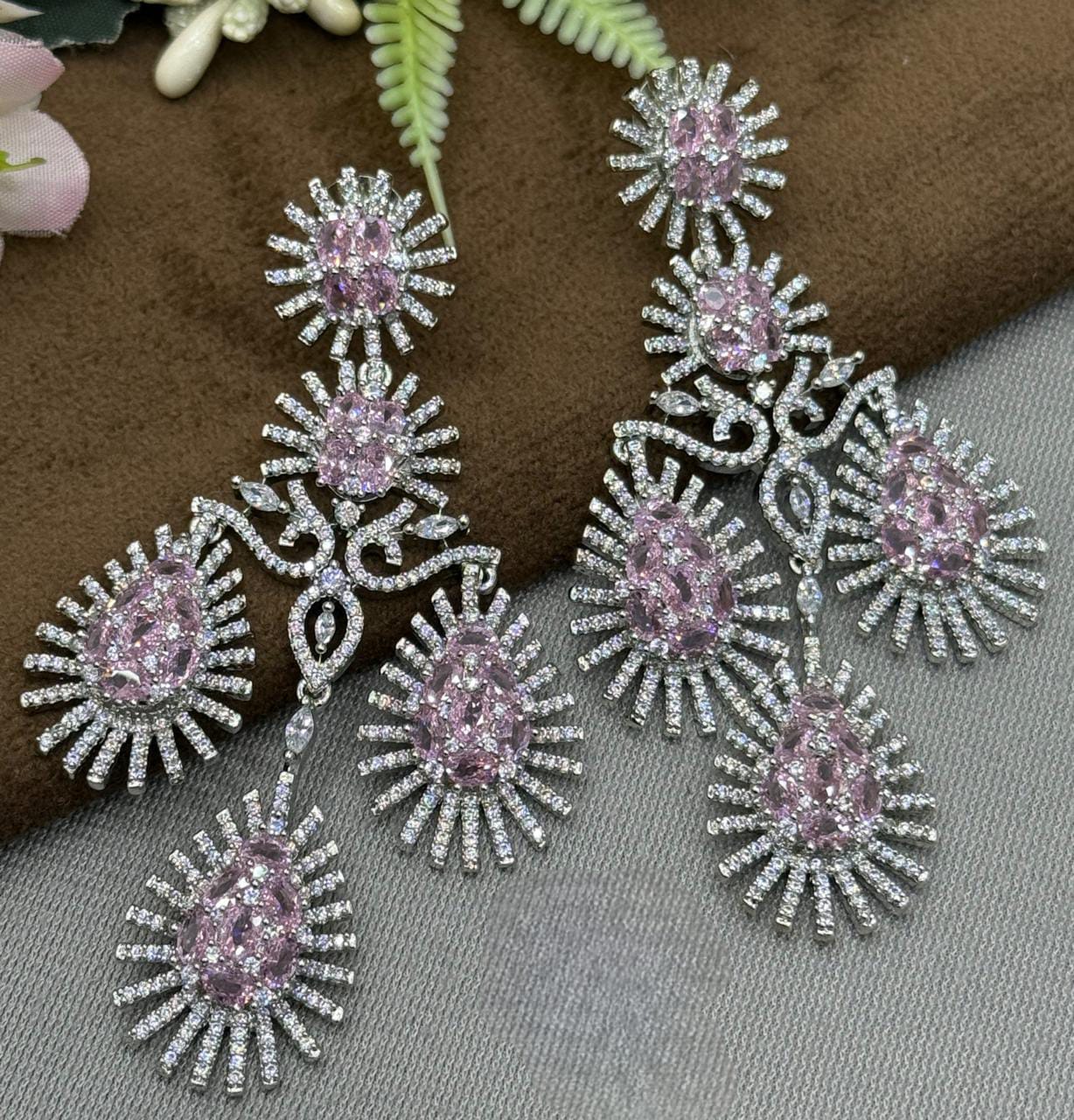 Glamorous Long Drop Earrings with Pink and CZ stone