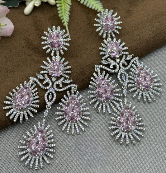 Glamorous Long Drop Earrings with Pink and CZ stone