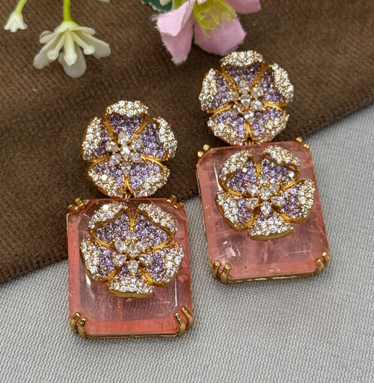 Gold-Plated Floral Crystal Earrings with Orange Stone