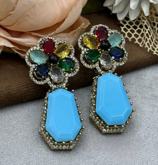 Multicolor Floral Drop Earrings with Aqua AD stone