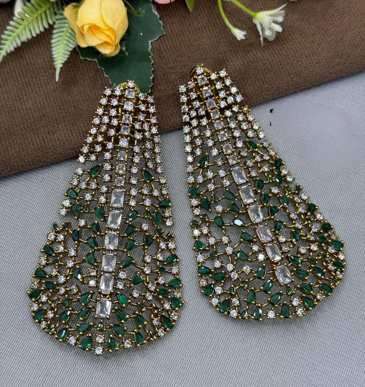 Elegant Green Teardrop and CZ Long Statement Earrings