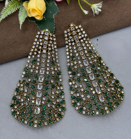 Elegant Green Teardrop and CZ Long Statement Earrings