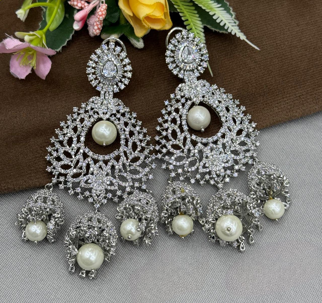 Silver Plated Crystal & Pearl Bridal Chandelier Earrings