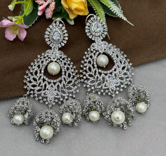 Silver Plated Crystal & Pearl Bridal Chandelier Earrings