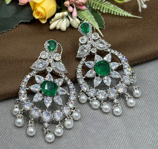 Emerald Green & CZ Stone Chandelier Earrings with Pearls
