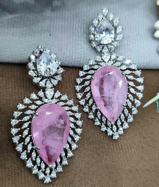 Pink Stone & CZ Teardrop Earrings for women and Girls