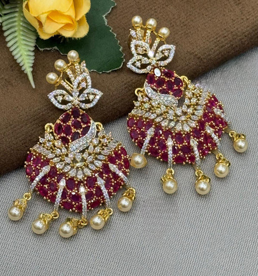 Elegant Red Crystal & Pearl Chandelier Earrings
