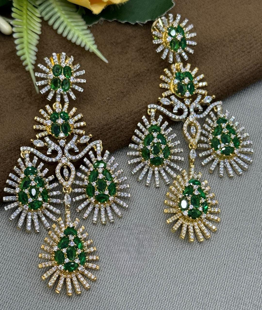 Glamorous Long Drop Earrings with Green and CZ stone with Golden Polish