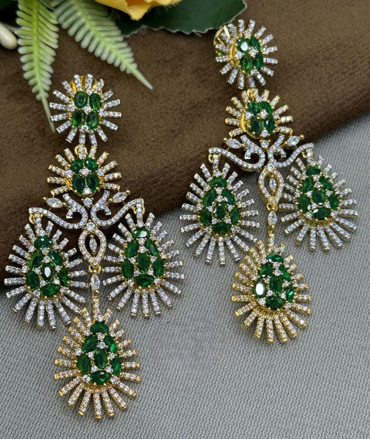 Glamorous Long Drop Earrings with Green and CZ stone with Golden Polish