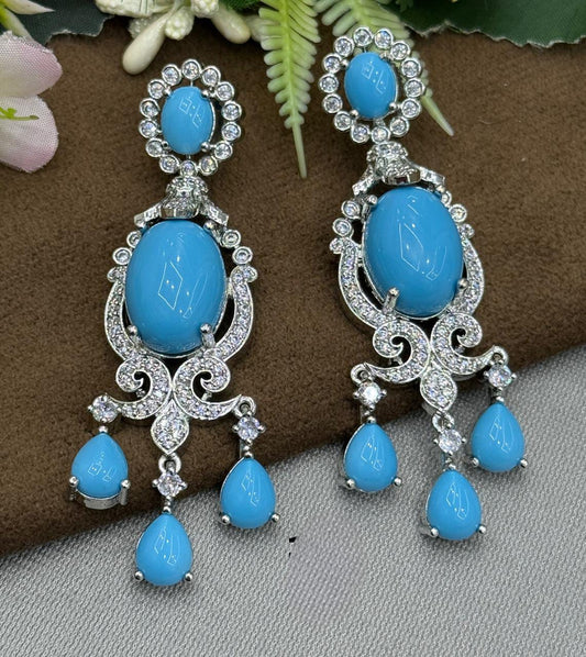 Elegant Long Earrings Aqua Stone & Crystal Drop Earrings