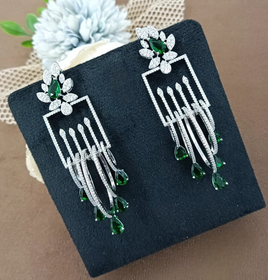 Geometric Floral Dangle Earrings with Green CZ Drops