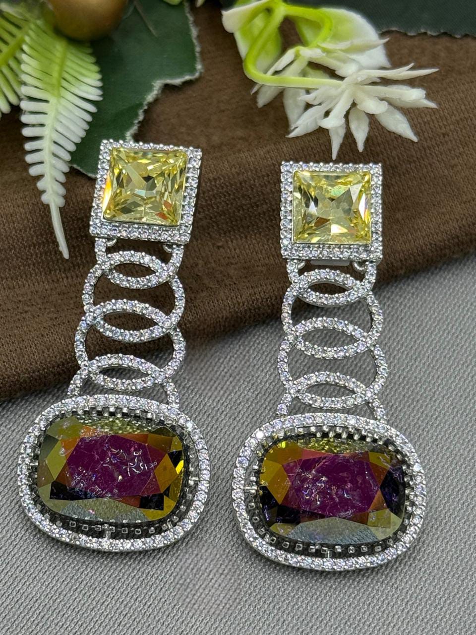 Elegant Rainbow Crystal & Yellow CZ Stone Drop Earrings