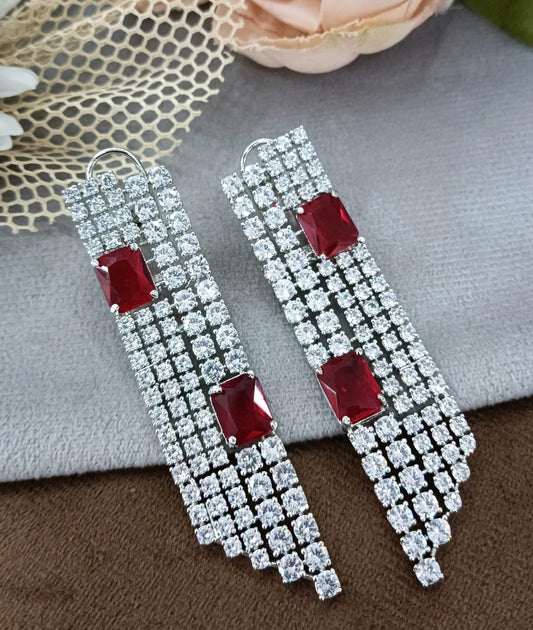 Ruby Red & Diamond CZ Long Dangler Earrings with Silver Polish
