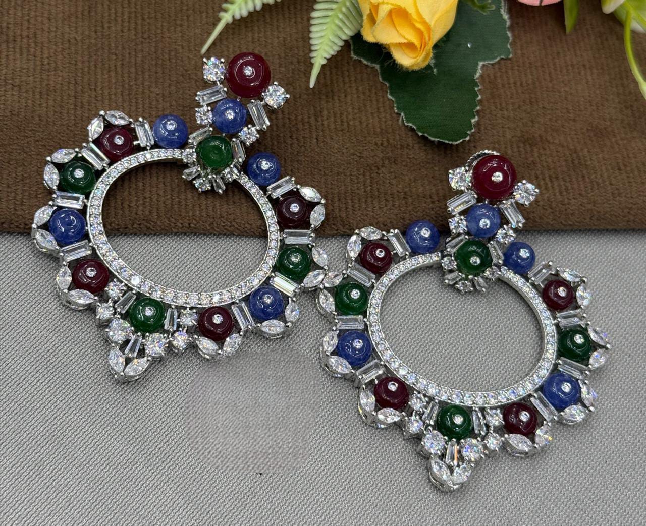 Blue & Green Stone Vintage Circle Hoop Earrings