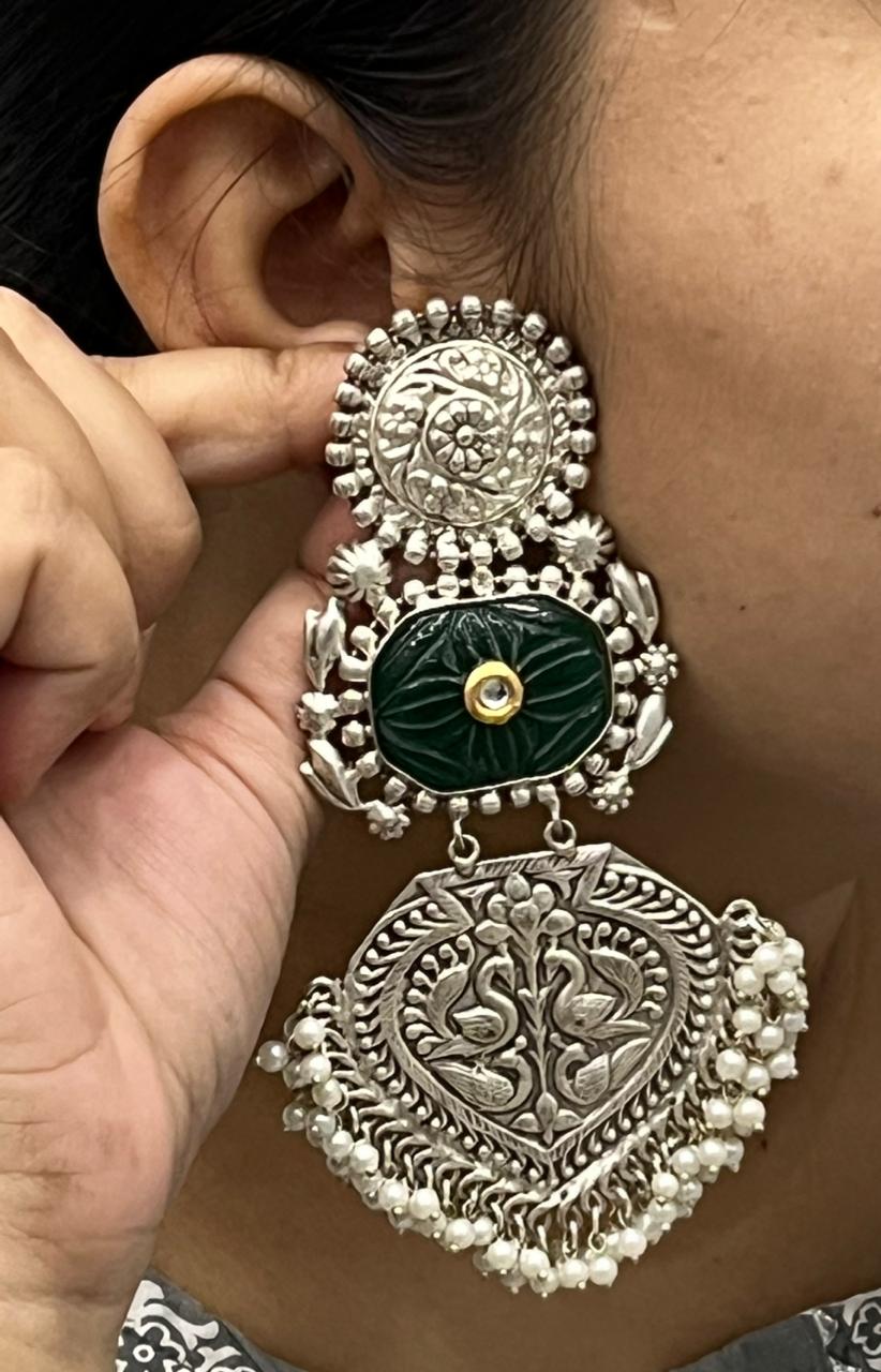 Oxidized Silver Plated Statement Earrings with Green Stone & Pearl Beads