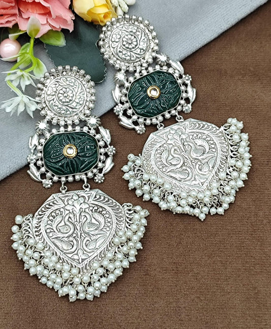Oxidized Silver Plated Statement Earrings with Green Stone & Pearl Beads