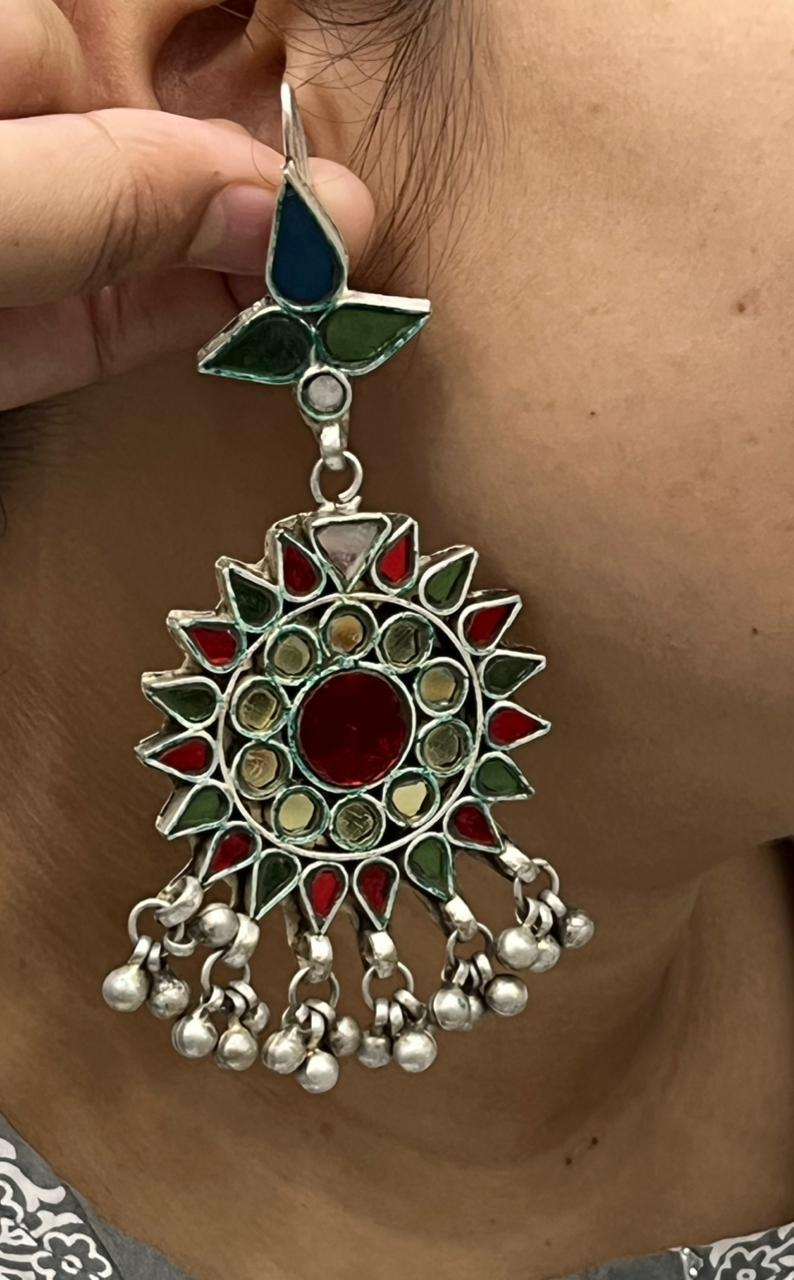 Handmade Afghani Glass Work Statement Earrings with Silver Bells