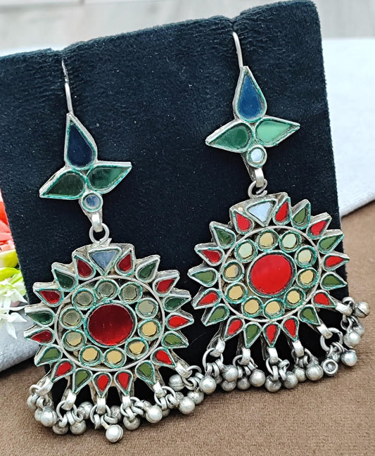 Handmade Afghani Glass Work Statement Earrings with Silver Bells