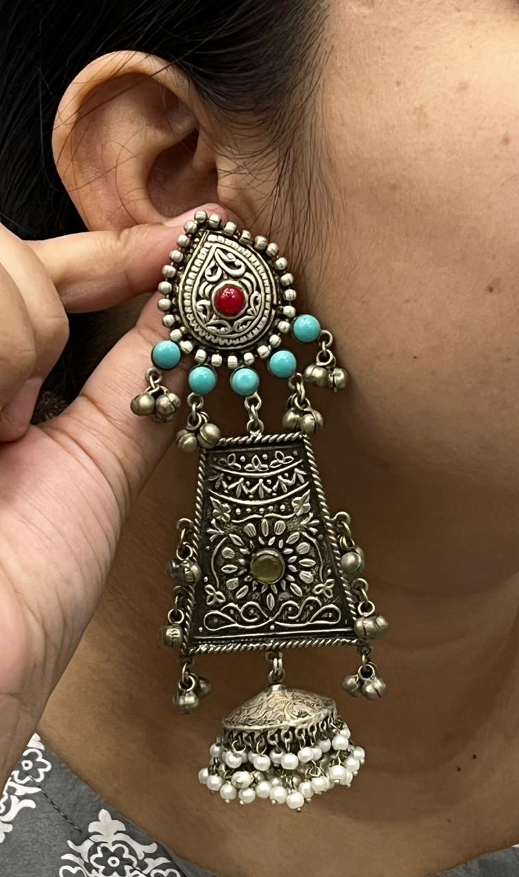 Oxidized Silver Tribal Jhumka Earrings with Turquoise Beads & Pearl Drops