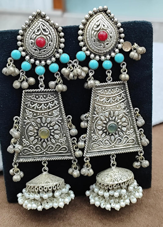 Oxidized Silver Tribal Jhumka Earrings with Turquoise Beads & Pearl Drops