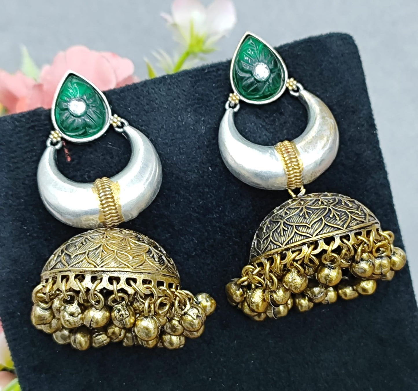 Dual Tone Oxidized Silver & Brass Jhumka Earrings with Green Stone