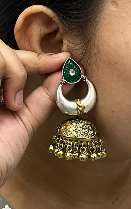 Dual Tone Oxidized Silver & Brass Jhumka Earrings with Green Stone