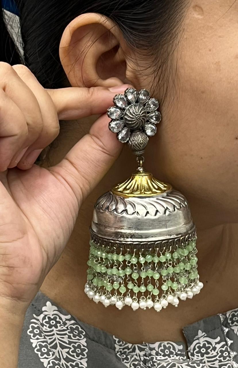 Oxidized Silver Big Jhumka Earrings with Green Beads & Pearl Drops