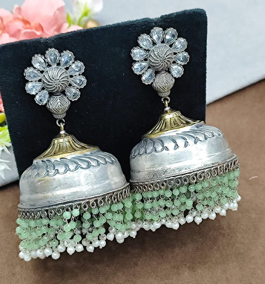 Oxidized Silver Big Jhumka Earrings with Green Beads & Pearl Drops