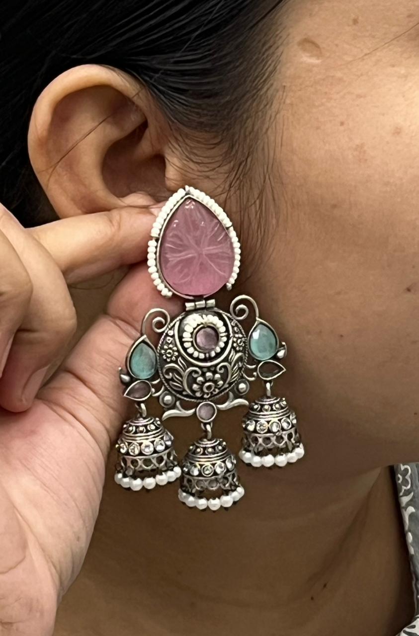 Oxidized Silver Long Earrings with Pink & Aqua Stones and Pearl Jhumka Drops