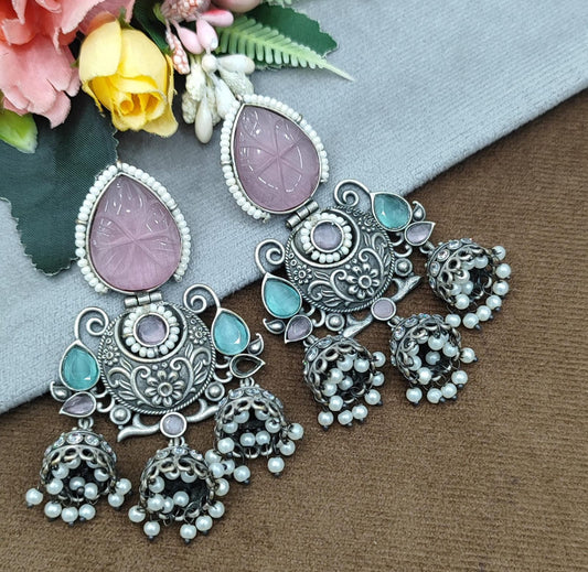 Oxidized Silver Long Earrings with Pink & Aqua Stones and Pearl Jhumka Drops