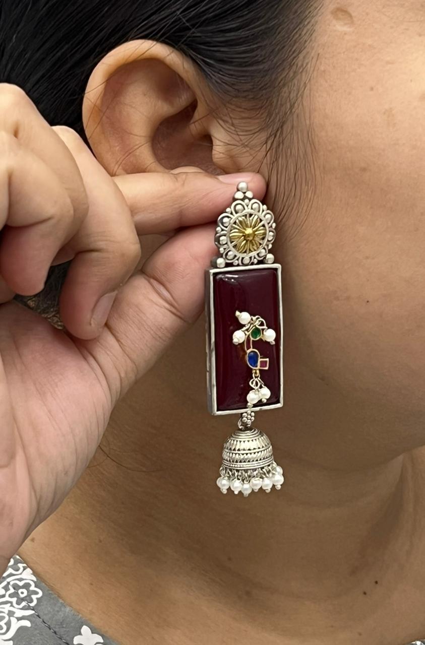 Silver Rectangle Earrings with Red Enamel, Kundan Work & Pearl Jhumka Drops