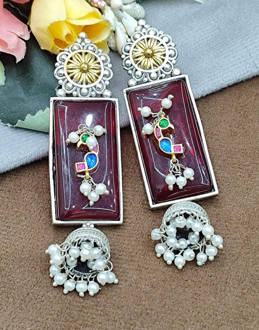 Silver Rectangle Earrings with Red Enamel, Kundan Work & Pearl Jhumka Drops