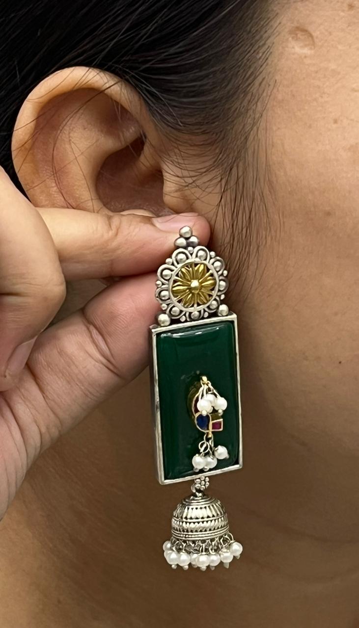 Silver Rectangle Earrings with Green Enamel, Kundan Work & Pearl Jhumka Drops