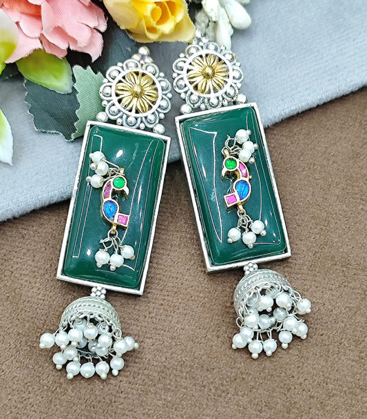 Silver Rectangle Earrings with Green Enamel, Kundan Work & Pearl Jhumka Drops