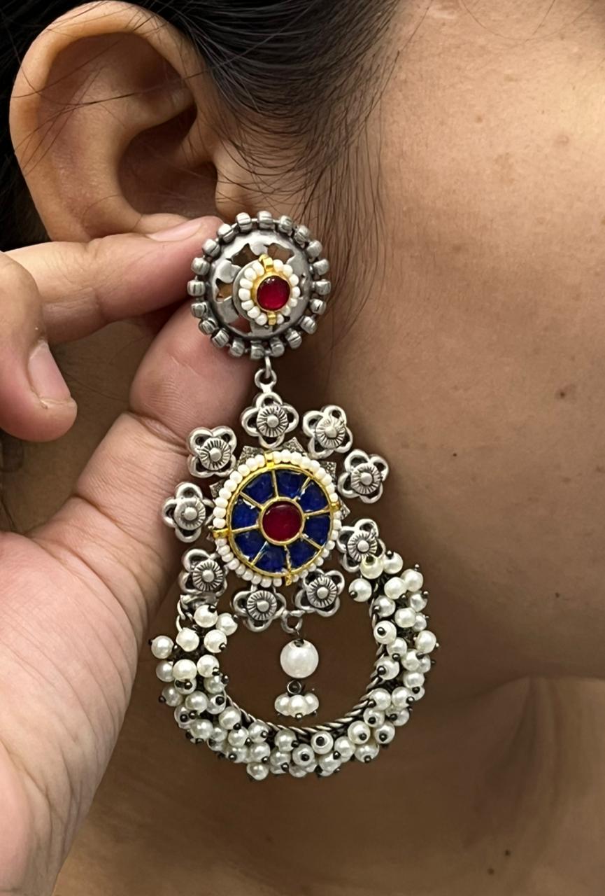 Oxidized Silver Hoop Earrings with Blue & Red Stone Work and Pearl Beads