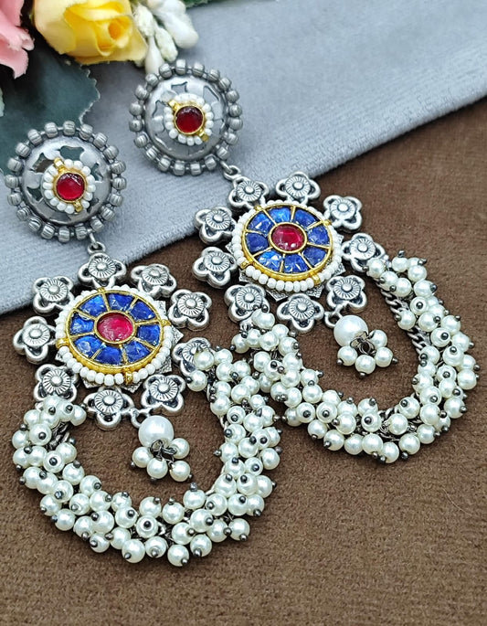 Oxidized Silver Hoop Earrings with Blue & Red Stone Work and Pearl Beads