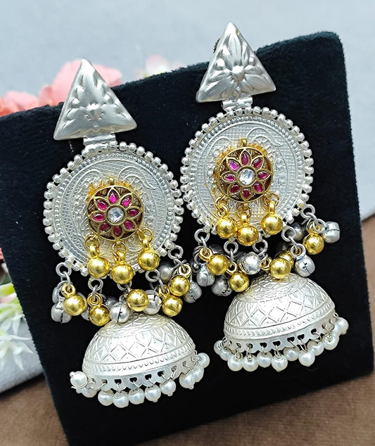 Ethnic Silver Earrings with Golden Beads, Pink Stone Floral Design & Pearl Drops