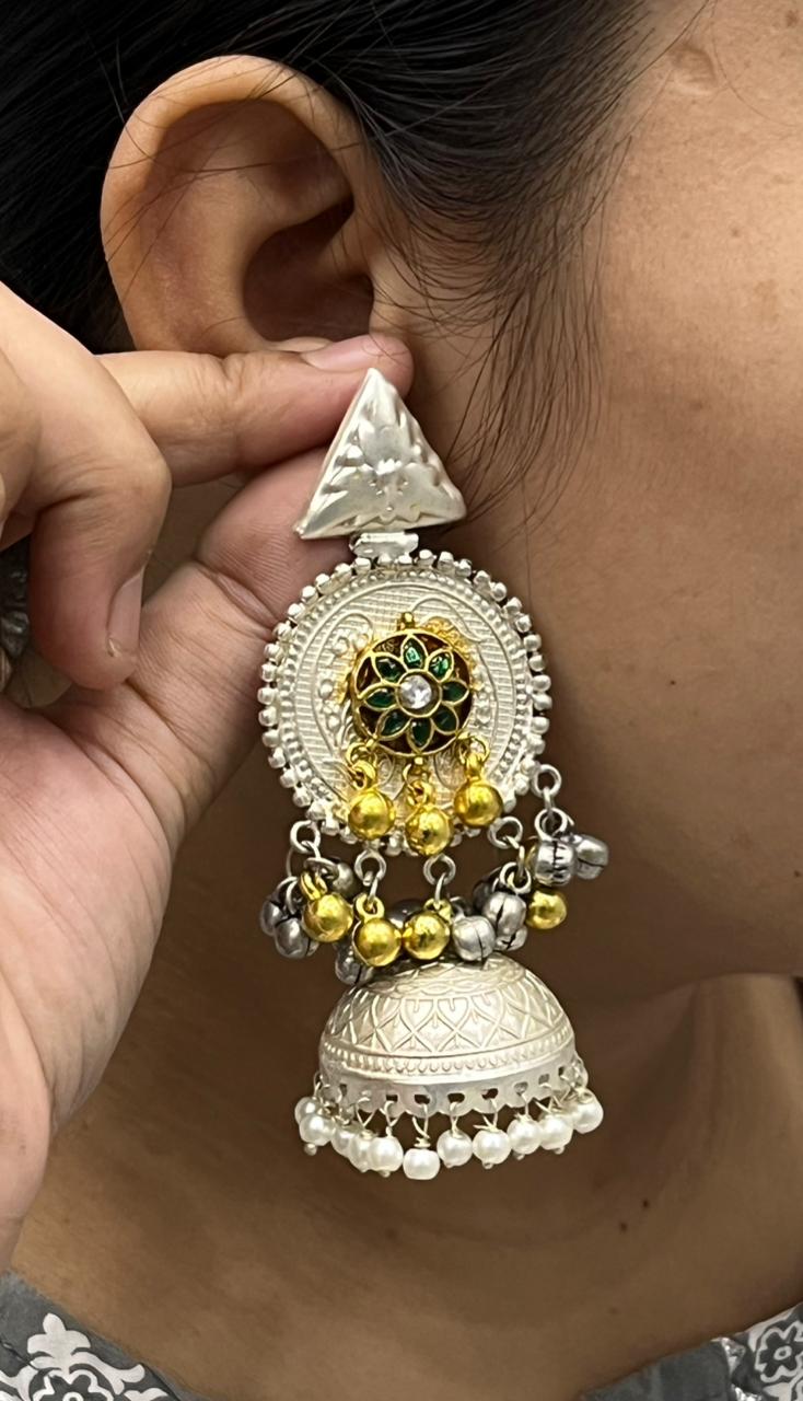 Ethnic Silver Earrings with Golden Beads, Green Stone Floral Design & Pearl Drops