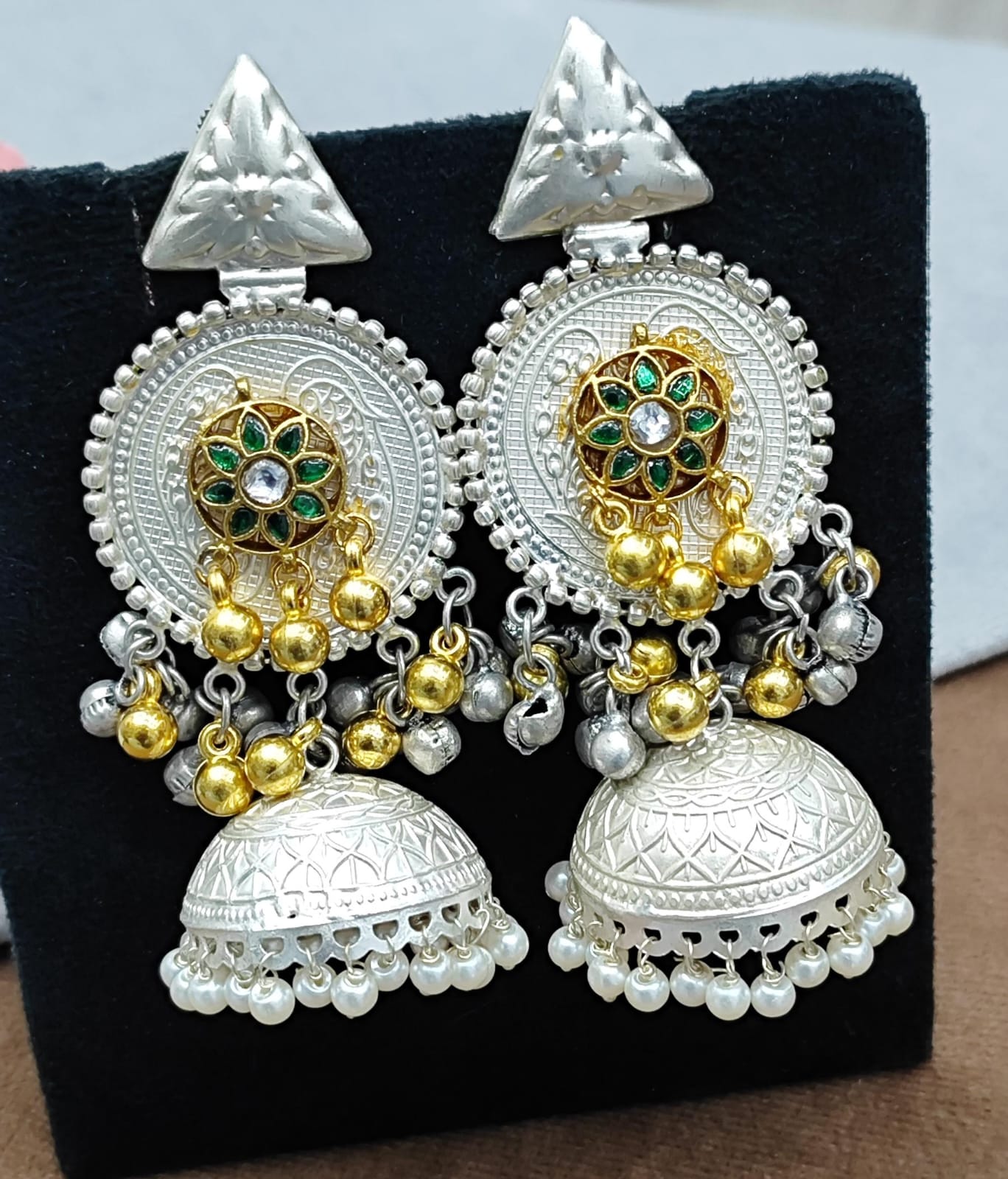 Ethnic Silver Earrings with Golden Beads, Green Stone Floral Design & Pearl Drops