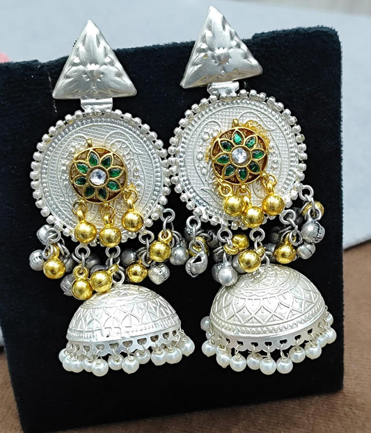 Ethnic Silver Earrings with Golden Beads, Green Stone Floral Design & Pearl Drops