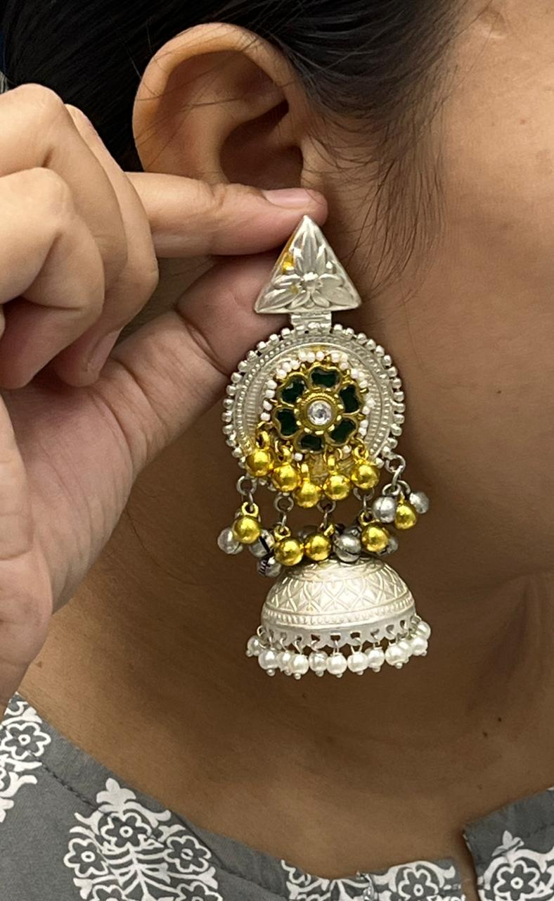 Oxidized Silver Earrings with Green & Golden Beads & Pearl Drops