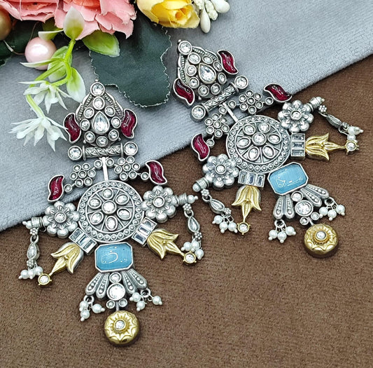 Oxidized Silver Multi-Stone Earrings with Red, Blue & Golden stone
