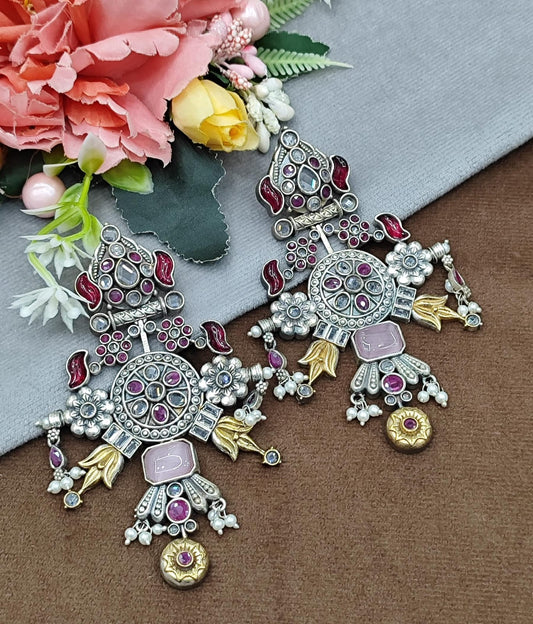 Oxidized Silver Long Earrings with Pink & Red Stones and Golden Stone