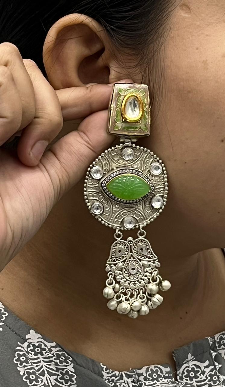 Silver Round Earrings with Green Stone, Kundan Work & Pearl Drops